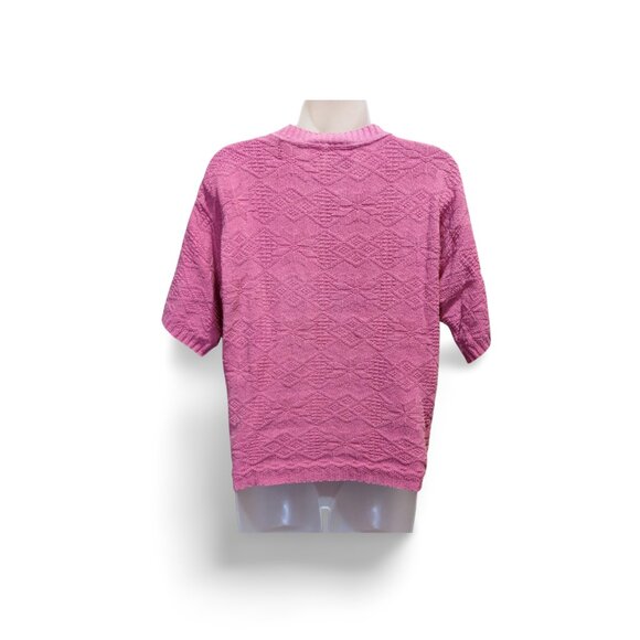 Vintage 90s Pink Cable Knit Sweater Womens M Spring Pastel Cottage Cotton Top - Picture 2 of 5